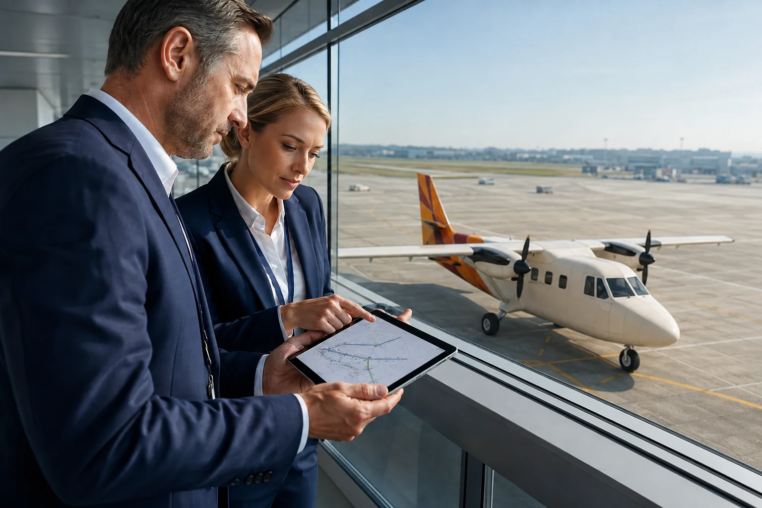 Aviation consultants planning a domestic airline launch beside a compact twin-propeller aircraft