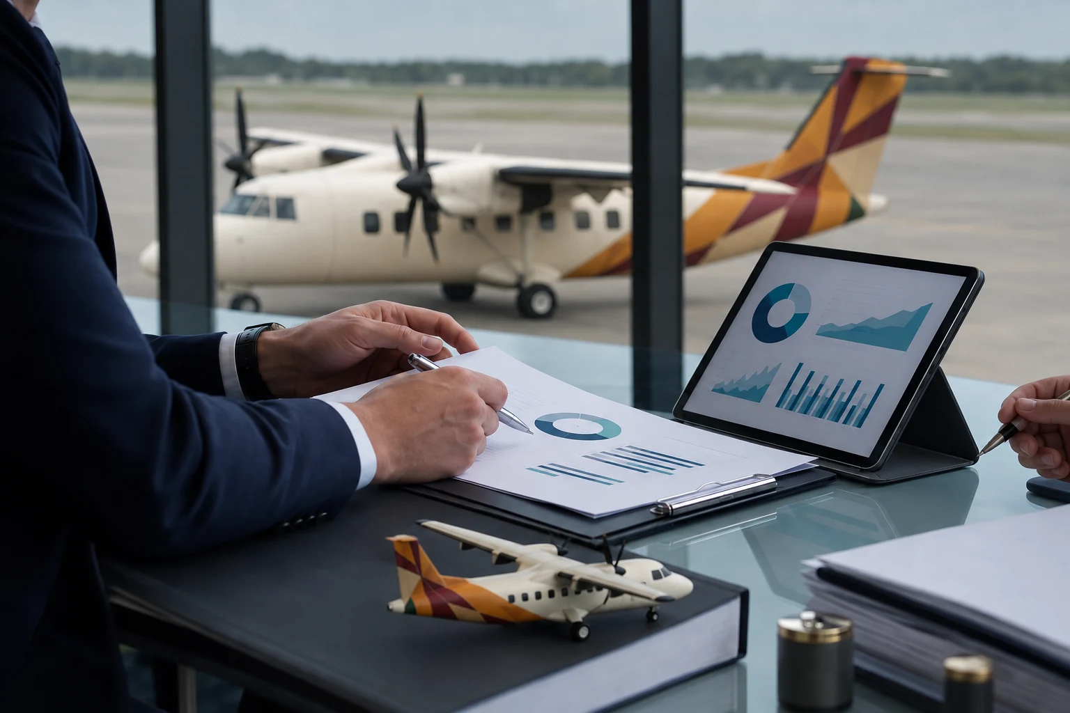 Aircraft finance specialists reviewing data beside a domestic twin-propeller aircraft and matching model