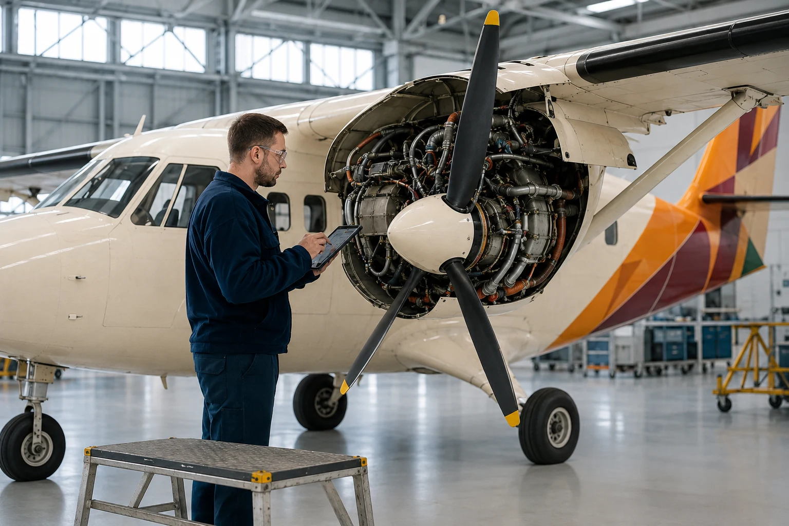 Aircraft engineer inspecting the propeller engine of a compact domestic aircraft
