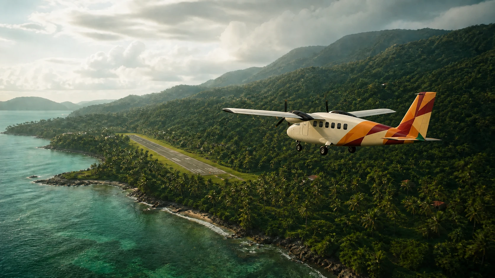 Compact twin-propeller domestic aircraft approaching a tropical coastal airport