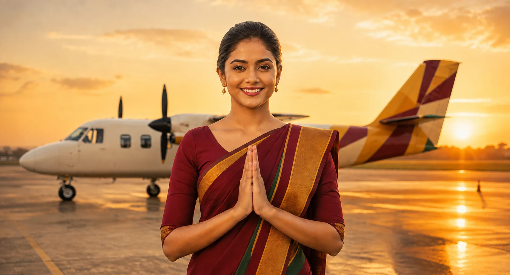 Modern young Sri Lankan airline hostess in a burgundy, gold and green saree offering an Ayubowan greeting beside a compact twin-propeller domestic aircraft