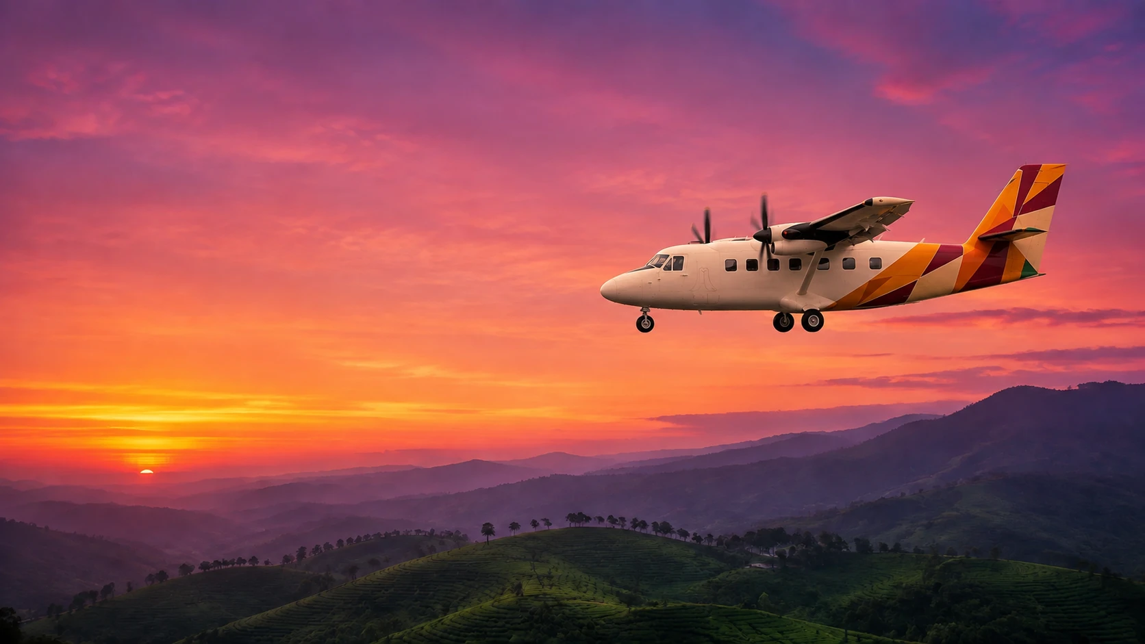 Compact twin-propeller domestic aircraft above Sri Lankan hills at sunset